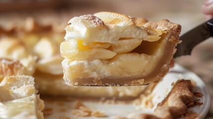 A close-up of a slice being removed from a pie after it has been cut into four quarters, revealing a creamy filling