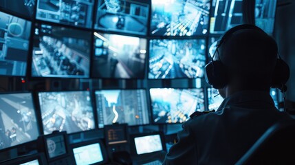 A close-up of the headquarters' security desk, with a guard monitoring multiple CCTV screens