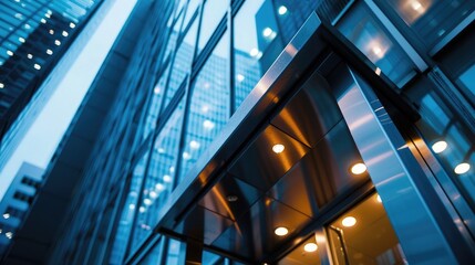 A close-up of the headquarters' signboard, indicating the company name and address, with the building in the background