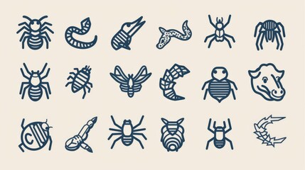 An image displaying a set of assorted outline icons depicting various insects and animals, designed in a minimalistic and clean style suitable for digital and print use.