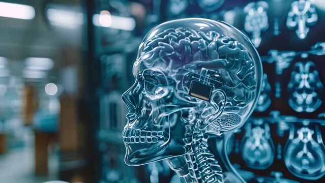 Xray of human skull with microchip brain implant technology Generative AI