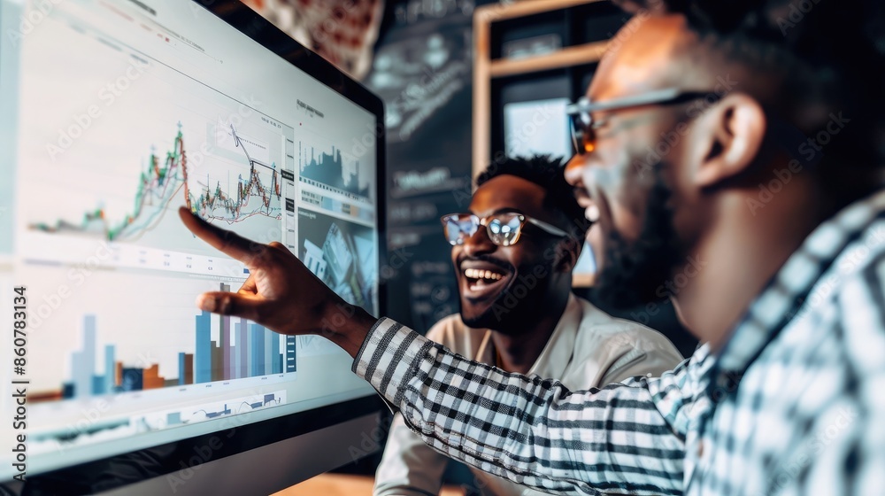 Poster a financial advisor pointing at a chart on a computer screen showing profit growth to a client, both