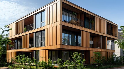residential building with a modular wooden facade that allows for easy customization and adaptation to different family sizes