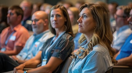 Fototapeta premium A group of employees attending a company-wide meeting in an auditorium, listening to a keynote speaker