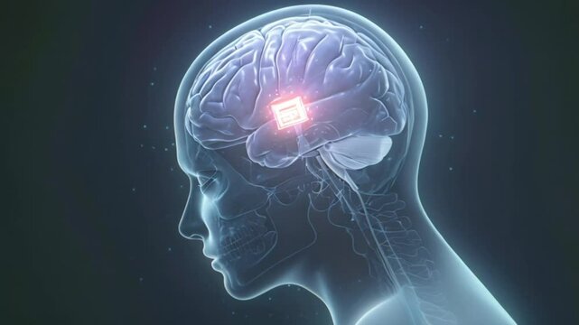Xray of computerized human with glowing microchip brain implant technology Generative AI