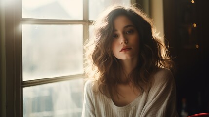 young woman sitting at home by a large window with soft light we