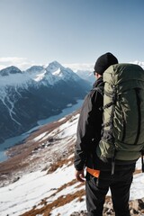 A lone backpacker stands on a snowy mountain peak, gazing at the breathtaking view