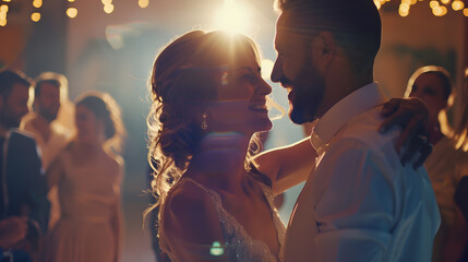 Happy newlywed couple dancing amidst family and friends at wedding : Generative AI