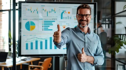 Fototapeta premium A successful entrepreneur giving a thumbs-up while standing next to a large digital display of profit growth charts in an office