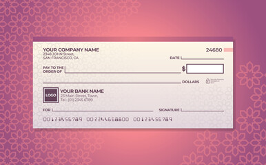 Blank bank check. Checkbook cheque template. Checkbook cheque template with purple theme. Money payment voucher or pay cash cheque certificate.