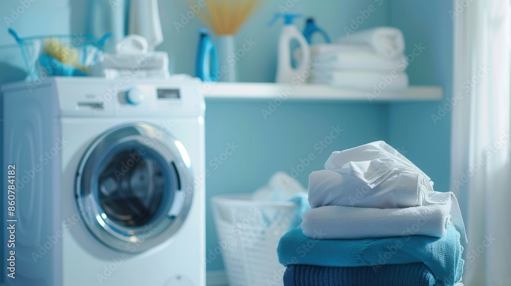 Poster a stack of neatly folded laundry sits on a countertop in a blue laundry room, with a white washing m