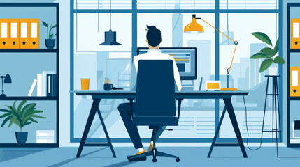 A businessman works diligently on his computer while sitting at his desk in an office setting. The vector image portrays a corporate worker's workspace, with the employee's back facing the viewer.
