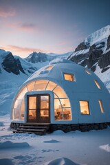 A serene dome home nestled in the snowy mountains at twilight