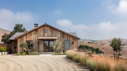 Obraz premium rural home with a textured wood exterior that provides a rustic yet modern look, set against a backdrop of rolling hills