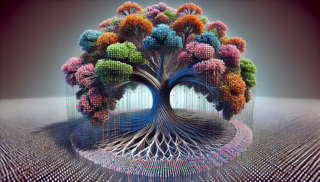 A wide, high-resolution 3D image of a tree structure created using a binary tree representation, with each node as binary values forming an intricate and colorful design.
