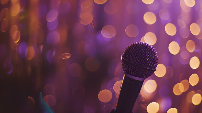 selective focus of microphone on a deejay and emcee stage on a wedding ceremony in big hall : Generative AI