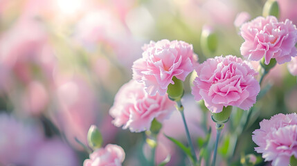 Obraz premium Close up view of lovely pink carnations blooming in the flower field on a beautiful spring day shallow focus and blurred background effectFor special occasions especially Mothers Day a : Generative AI