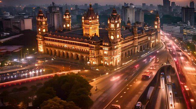 Timelapse view of traffic in front of historic landmarks BMC Building and Chhatrapati Shivaji Terminus (Victoria Station) in Mumbai, Maharashtra, India, zoom out