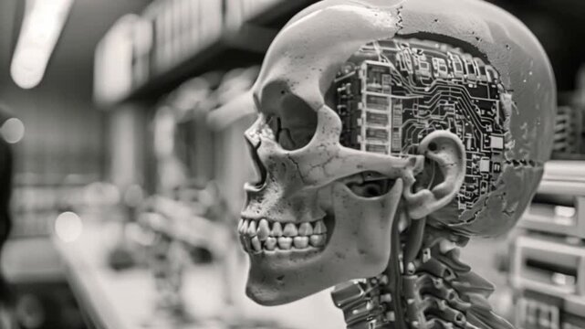 human skull with neurotechnology microchip brain implant Generative AI