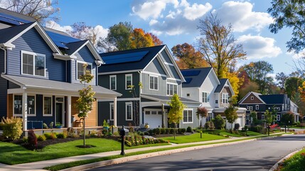 series of energy-efficient homes in a sustainable living community, each featuring fiber cement siding with integrated solar panels for a clean, modern look and reduced energy footprint
