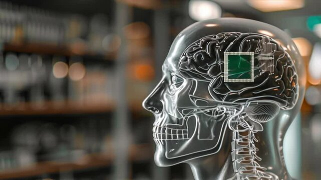 Xray of human skull with brain microchip implant Generative AI