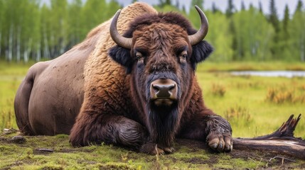 A majestic bison is lying on a grassy field, surrounded by tall green trees and a bright, vibrant natural environment, highlighting the serene beauty of the wilderness setting.