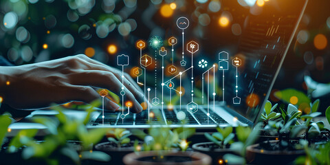 Person engaging with a futuristic digital interface, sustainability concept
