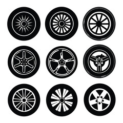 Black Silhouettes of Car Wheels - Various Rim Designs