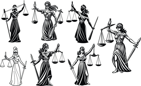 set of law illustration vector balance lawyer symbol justice legal court judge sword woman lady goddess