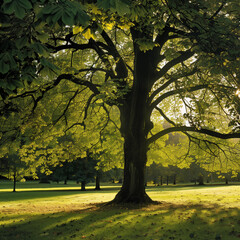 Fototapeta premium A large tree with green leaves is in a park