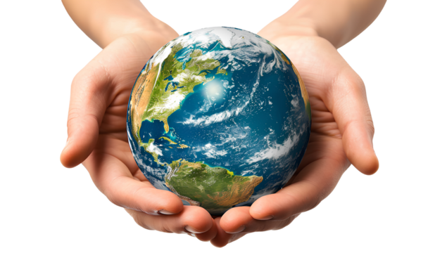 Closeup of hands holding the planet earth globe sphere isolated on transparent background. Nature environment and ecology protection concept, energy conservation and sustainability, global warming