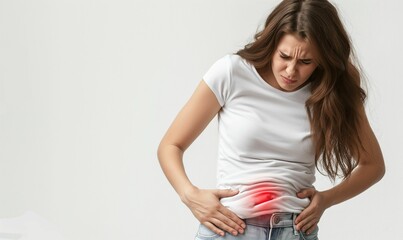 A  cropped image of  a lady with pain in the stomach on the white background. Liver Disease Liver failure. World Hepatitis Day concept with copy space.