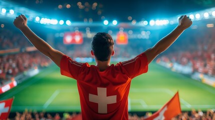 Fan in red clothing with Switzerland flag at stadium.