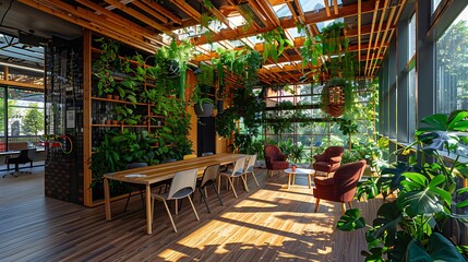 Fototapeta premium sustainable co-working space with a dynamic wooden facade that adjusts to the suna??s position, maximizing natural light and energy efficiency