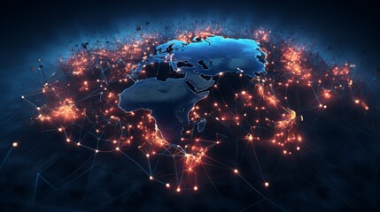 A digital representation of a world map showing glowing network connections across continents, symbolizing global communication and connectivity in a technological era.