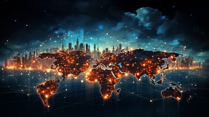 Fototapeta premium An artistic depiction of a global map with a cityscape silhouette and glowing network links, representing the worldwide urbanization and technological advancements.