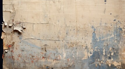 The image captures an old, worn-out wall with extensive peeling paint, cracks, and blue splashes, symbolizing the relentless passage of time and nature’s effect.