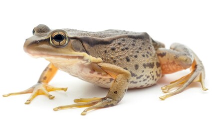 Fototapeta premium A detailed close-up shot of a frog poised and ready to leap, showcased on a clean white background, capturing the essence of agility and preparedness in nature.