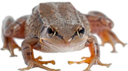 Fototapeta premium An earthy-toned frog sitting on a clean white surface, gazing intently ahead, embodying a blend of simplicity and curiosity, with an emphasis on raw natural beauty.