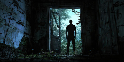 A dark silhouette standing in the doorway of an abandoned house, their purpose a mystery