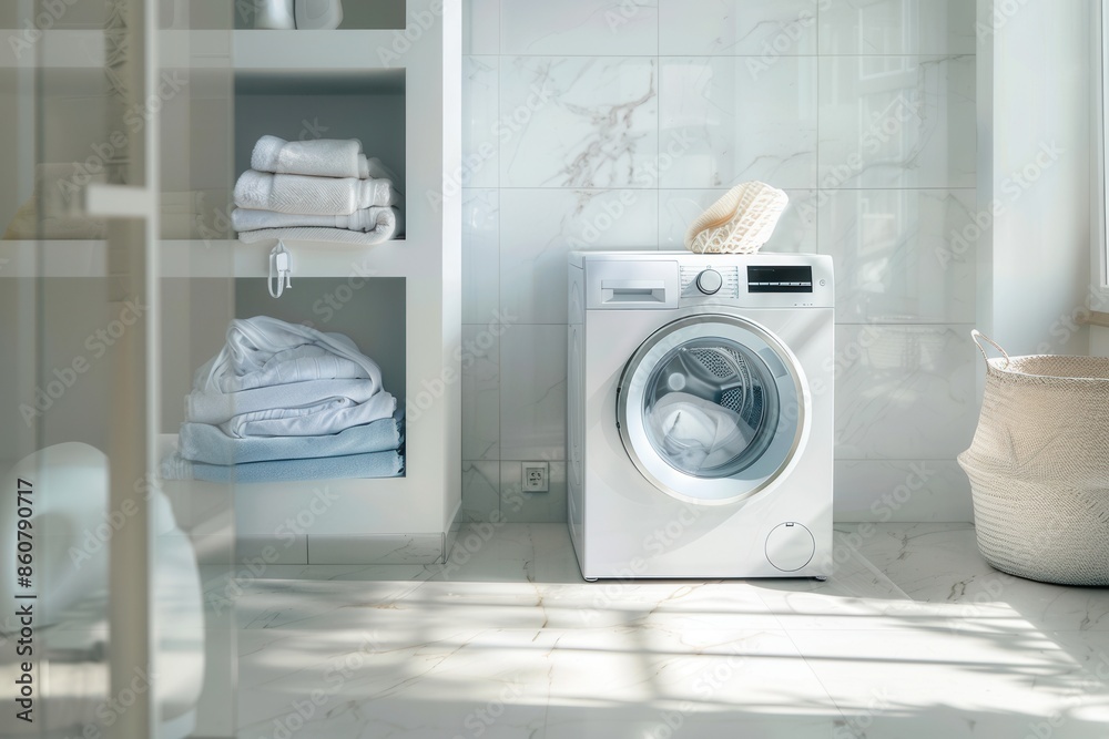 Poster a white washing machine with a glass door sits next to a shelf with neatly folded laundry in a white