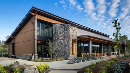 Fototapeta premium sustainable winery using fiber cement siding with a custom crushed grape texture, creatively tying the buildinga??s exterior to its primary function