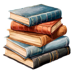 Watercolor illustration of old stacked books, transparent background PNG format
