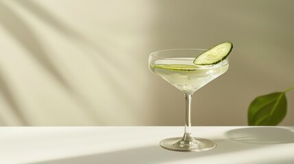 A minimalist arrangement of a cocktail in a clear glass with a single cucumber slice floating on top