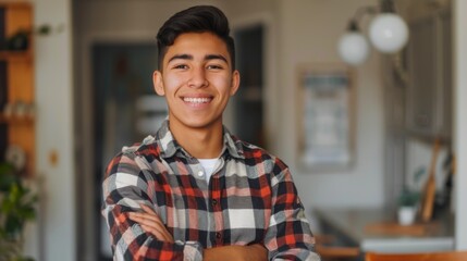 Obraz premium A young man in a red flannel shirt, standing with arms crossed in a cosy home kitchen, smiling warmly, reflecting comfort and happiness in a personal living space.