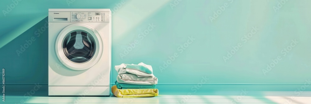 Poster a white washing machine sits in a mint green room, with a neatly folded stack of clean laundry sitti