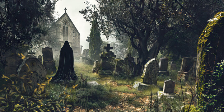 A ghostly figure standing watch over an old, neglected cemetery, the headstones covered in moss and the air thick with silence