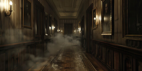 Naklejka premium A ghostly presence lingering at the end of a dimly lit hallway, the walls lined with old portraits and the floor creaking with every step