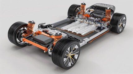 Fototapeta premium Detailed view of an electric car chassis featuring battery pack, motors, suspension, and wheels. Showcases the advanced engineering of EV powertrains and components. AI generated