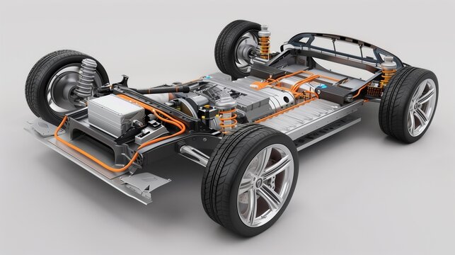 Detailed view of an electric car chassis featuring battery pack, motors, suspension, and wheels. Showcases the advanced engineering of EV powertrains and components. AI generated
